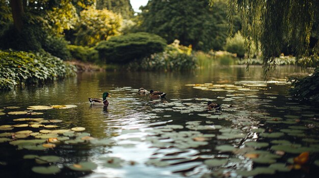 A Serene Park Pond Featuring Ducks Swimming Amongst Lush Lily Pads for Relaxation and Nature Appreciation