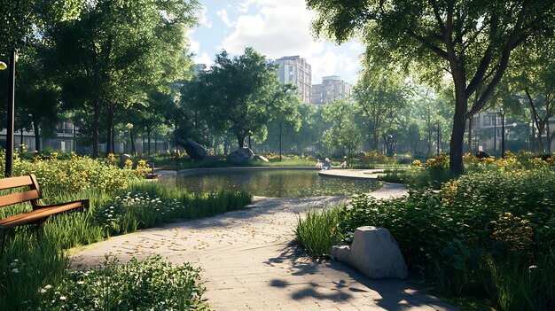 Photo a serene park scene featuring greenery a pond and benches for relaxation