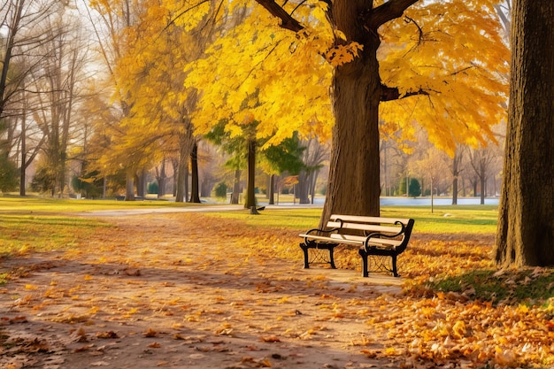 A serene park scene where colorful autumn leaves Created with generative AI technology