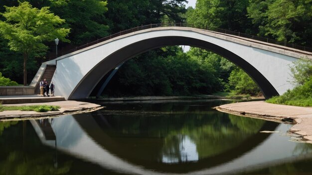 Serene park scene with a stone bridge over calm water