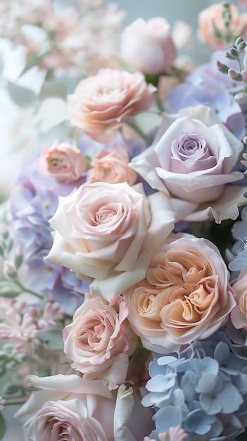 Serene Pastel Floral Composition with Lavender Roses Peach Peonies and Blue Hydrangeas