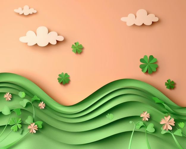 Serene Pastel Landscape with Rolling Hills Floating Clouds and Green Clovers 3D Nature Scene for