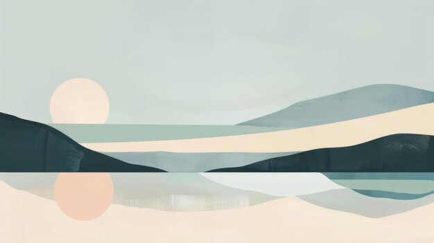 Photo serene pastel landscape with sun reflection over calming abstract hills and water