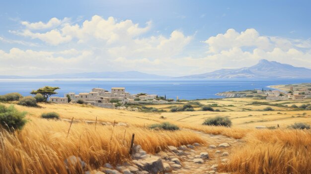 Serene Pastoral Scenes A Realistic Oil Painting Of An Antique Greek Island