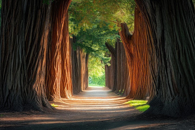 The Serene Path Amidst Majestic Forest Trees A captivating grove of sequoia trees sheltering a quiet path in a park AI Generated