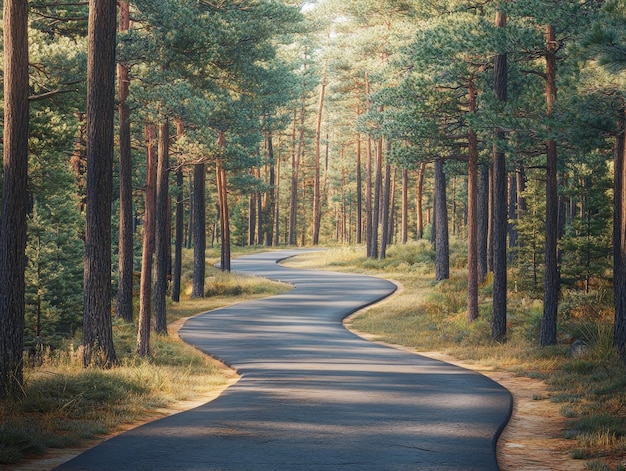 Photo serene path bicycle trail meandering through enchanting pine forest