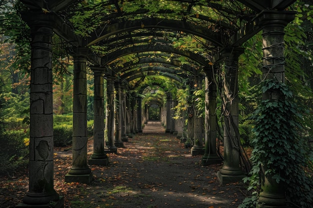 Photo serene path under a lush green archway in a tranquil garden setting