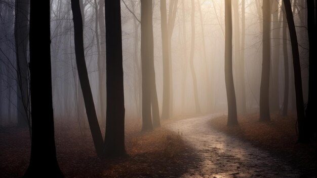 A serene path in the woods with sunlight filtering through the fog surrounded by nature and trees