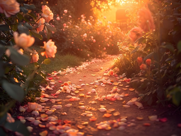 Photo serene pathway adorned with delicate rose petals in lush garden at golden hour