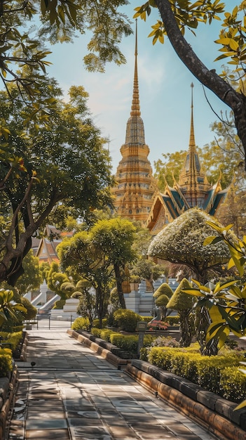 Photo serene pathway leading to golden chedi at wat pho in bangkok during the day