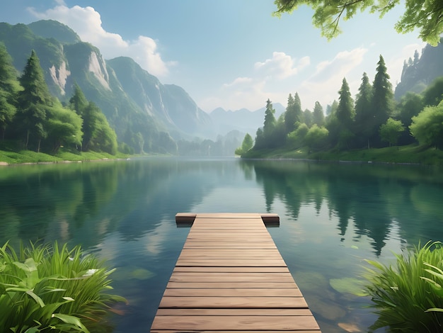 Photo a serene and peaceful green lakeside scenery background wallpaper