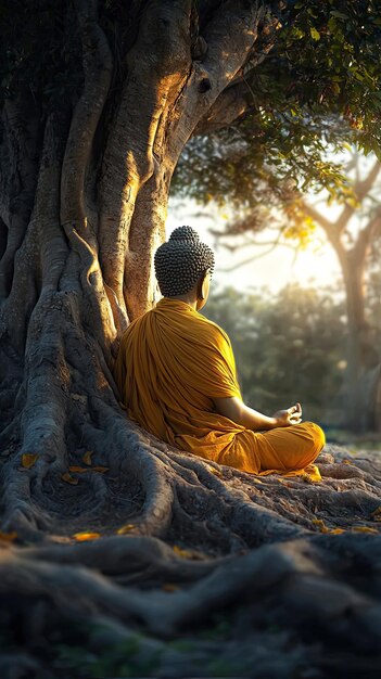 A serene and peaceful image of a meditating Buddha under a large tree bathed in warm sunlight