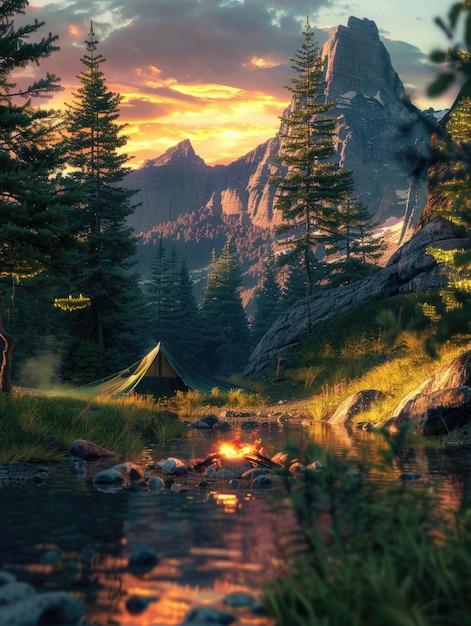 A serene and peaceful scene of a forest with a small green tent and a fire