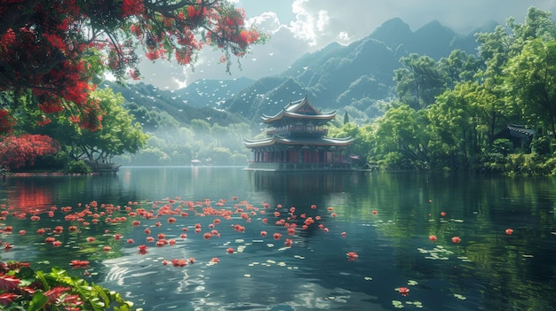 Photo a serene and peaceful scene of a lake with a red