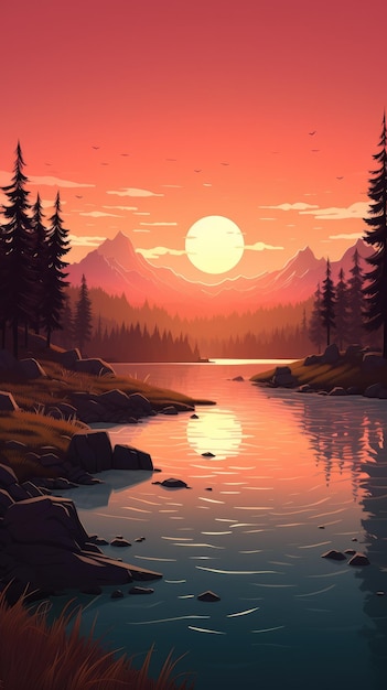 A serene and peaceful sunset over a tranquil lake