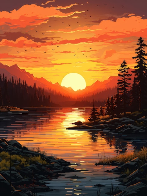 A serene and peaceful sunset over a tranquil lake