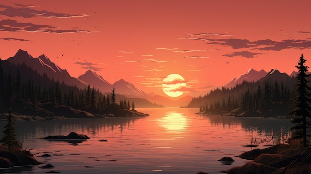 A serene and peaceful sunset over a tranquil lake