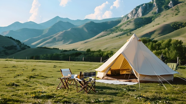 Serene and Peaceful Tent Camping in Stunning Mountain Landscape with Lush Meadow and Clear Sky