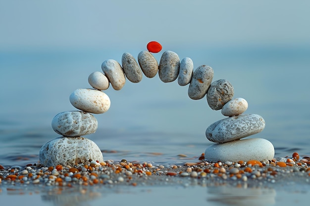 Serene Pebble Arch on a Calm Beach with Red Stone Focal Point Symbolizing Balance and Harmony