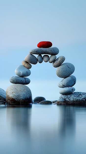 Serene Pebble Arch on a Calm Beach with Red Stone Focal Point Symbolizing Balance and Harmony