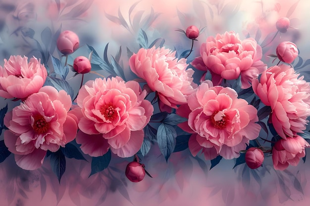 Serene Peony Dreamscape in Pastel Hues Concept Floral Photoshoot Pastel Tones Dreamy Setting Peony Blooms Serene Landscape