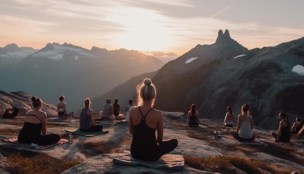 Serene people meditating in lotus position outdoors generated by AI