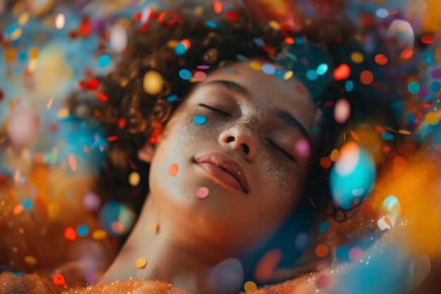 Serene Person Enjoying Vibrant Confetti and Glitter in Dreamlike Ambiance