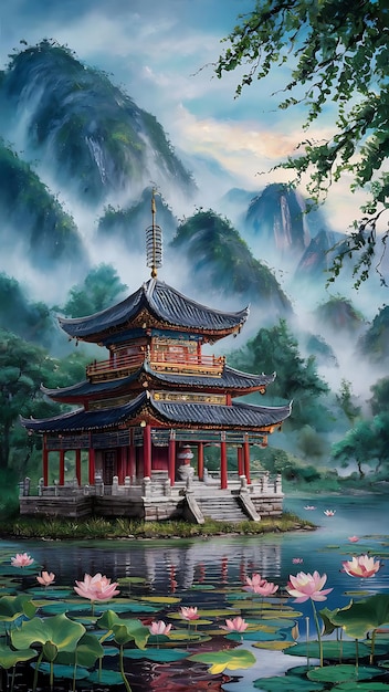 A serene and picturesque scene of a traditional East Asian pagoda nestled amidst misty mountains