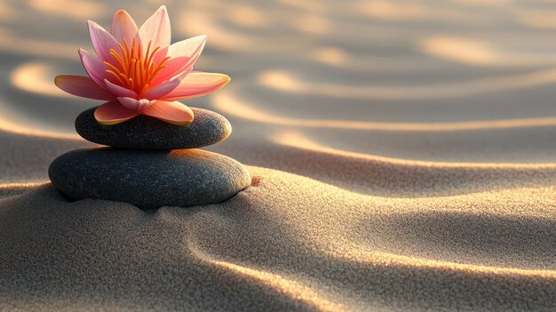 Photo a serene pink lotus flower atop smooth stones on gentle sand waves