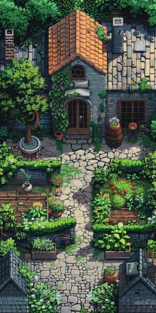 Serene pixel art garden scene with a cozy house in the distance generative ai