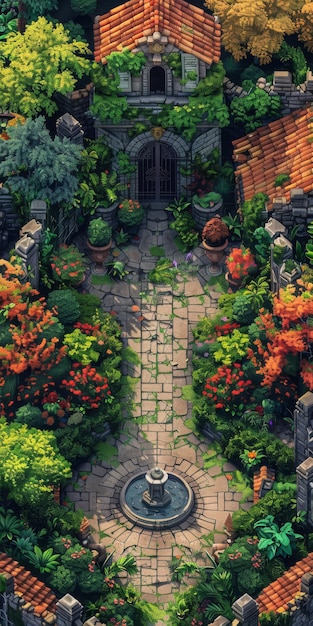 Serene pixel art garden scene with a cozy house in the distance generative ai