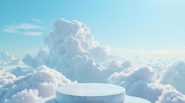 A serene podium set against a backdrop of fluffy white clouds