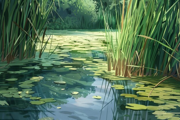 Photo a serene pond in the heart of a forest surrounded by tall reeds and grasses with lily pads floating on the waters surface serene pond surrounded by tall reeds and grasses