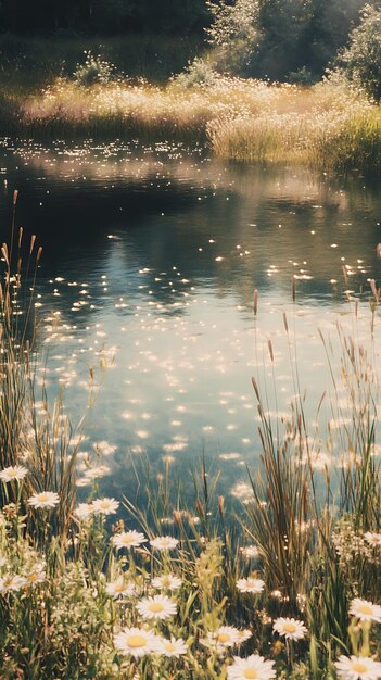 Photo serene pond with daisies