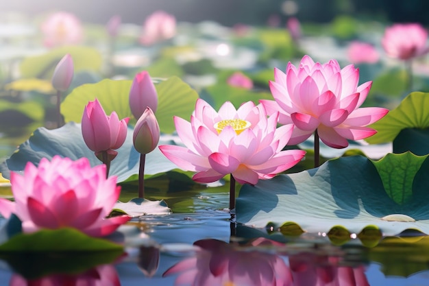 A serene pond with pink lotus flowers pink life