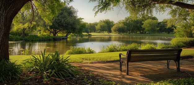 Photo serene pondside bench in a tranquil park