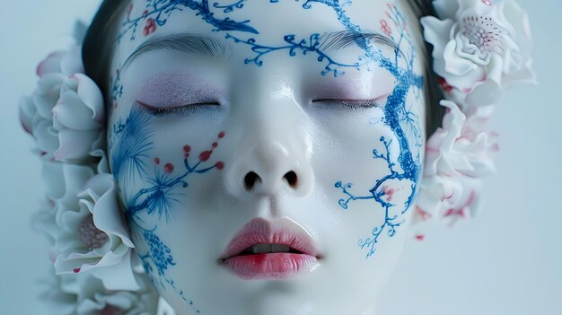 Serene Porcelain Floral Portrait of Tranquil Woman on White Background