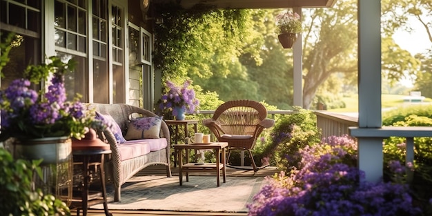 Serene porch with a tree sunlight and warm