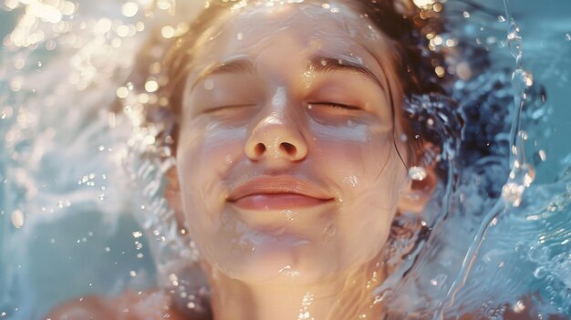 Photo a serene portrait of a person submerged in water eyes closed and face relaxed with glistening water droplets