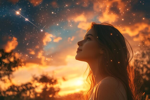 Photo a serene portrait of a woman gazing at a starry sky during sunset