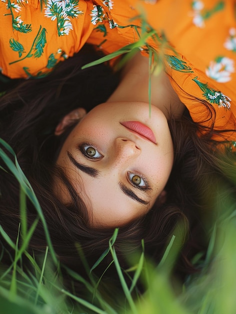 Serene Portrait of a Young Woman in Nature with Vibrant Floral Dress