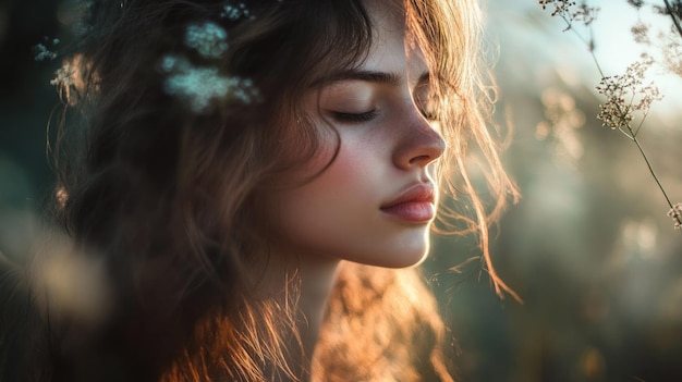 Photo a serene portrait of a young woman with flowing hair surrounded by soft natural light