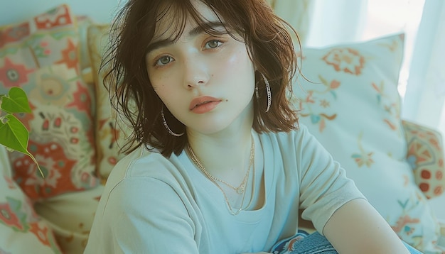 Serene Portrait of a Young Woman with Short Hair and Thoughtful Expression in a Light Airy Room