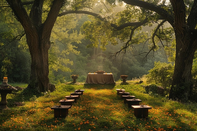 Photo a serene portrayal of an outdoor communion ceremony in a forest clearing