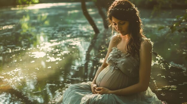 Photo serene pregnant woman embracing her belly in a peaceful forest stream at sunset