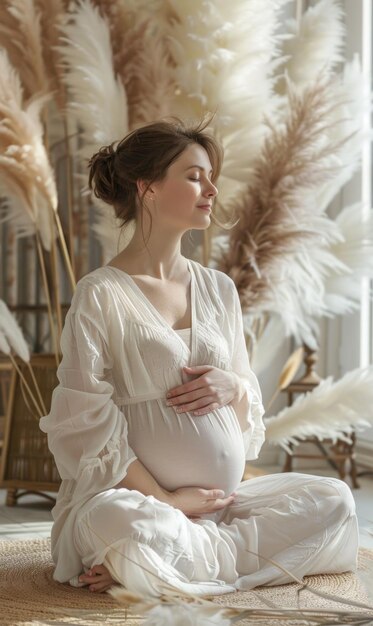 Photo a serene pregnant woman in a white dress is cradling her belly