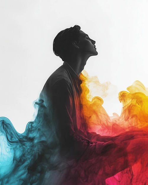 Photo a serene profile silhouette of a person surrounded by colorful smoke