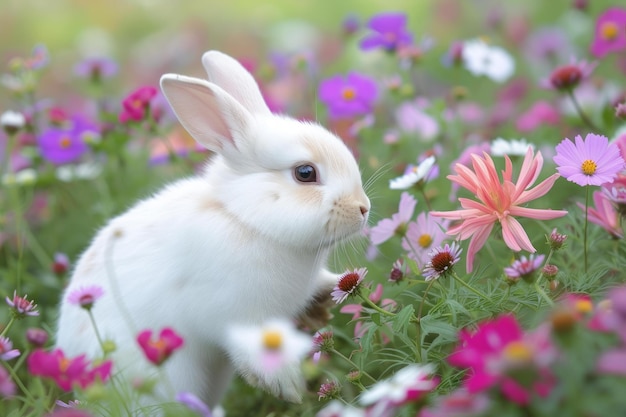 Serene rabbit in blossoming meadow