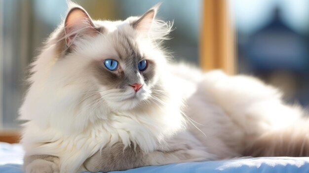 Serene Ragdoll Cat Basking in Sunlight on a Windowsill