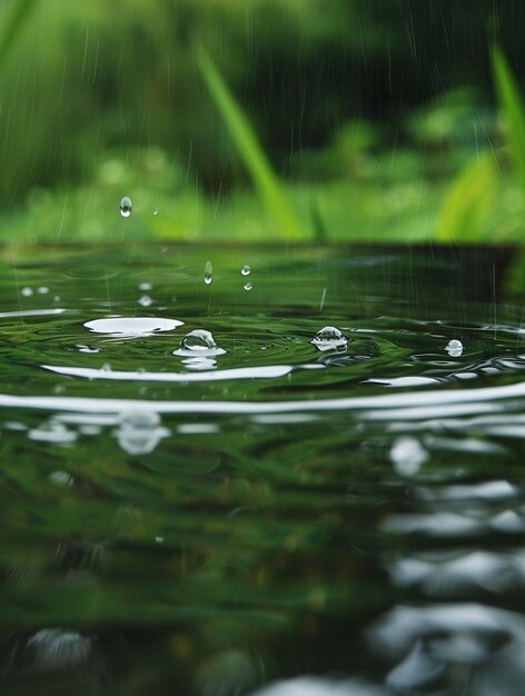 Serene Rainfall CloseUp of Water Droplets Creating Ripples in a Tranquil Pond